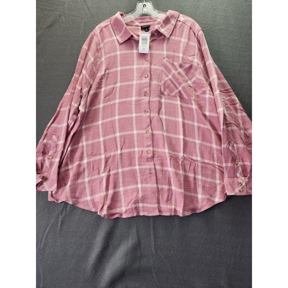Torrid Lizzie Crinkle Flannel Gauze Button Up Tunic Plaid Pink Boho Plus 3X NWT